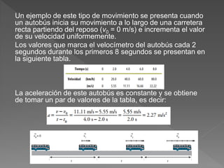 Un ejemplo de este tipo de movimiento se presenta cuando
un autobús inicia su movimiento a lo largo de una carretera
recta partiendo del reposo (v0 = 0 m/s) e incrementa el valor
de su velocidad uniformemente.
Los valores que marca el velocímetro del autobús cada 2
segundos durante los primeros 8 segundos se presentan en
la siguiente tabla.
La aceleración de este autobús es constante y se obtiene
de tomar un par de valores de la tabla, es decir:
 