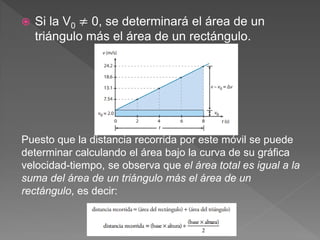  Si la V0 ≠ 0, se determinará el área de un
triángulo más el área de un rectángulo.
Puesto que la distancia recorrida por este móvil se puede
determinar calculando el área bajo la curva de su gráfica
velocidad-tiempo, se observa que el área total es igual a la
suma del área de un triángulo más el área de un
rectángulo, es decir:
 
