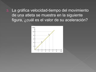 3. La gráfica velocidad-tiempo del movimiento
de una atleta se muestra en la siguiente
figura, ¿cuál es el valor de su aceleración?
 