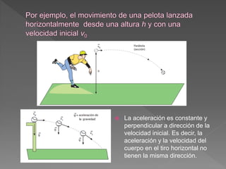  La aceleración es constante y
perpendicular a dirección de la
velocidad inicial. Es decir, la
aceleración y la velocidad del
cuerpo en el tiro horizontal no
tienen la misma dirección.
 