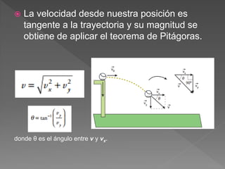  La velocidad desde nuestra posición es
tangente a la trayectoria y su magnitud se
obtiene de aplicar el teorema de Pitágoras.
donde θ es el ángulo entre v y vx.
 