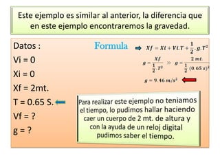 Este ejemplo es similar al anterior, la diferencia que
    en este ejemplo encontraremos la gravedad.

Datos :                Formula
Vi = 0
Xi = 0
Xf = 2mt.
T = 0.65 S.
Vf = ?
g=?
 
