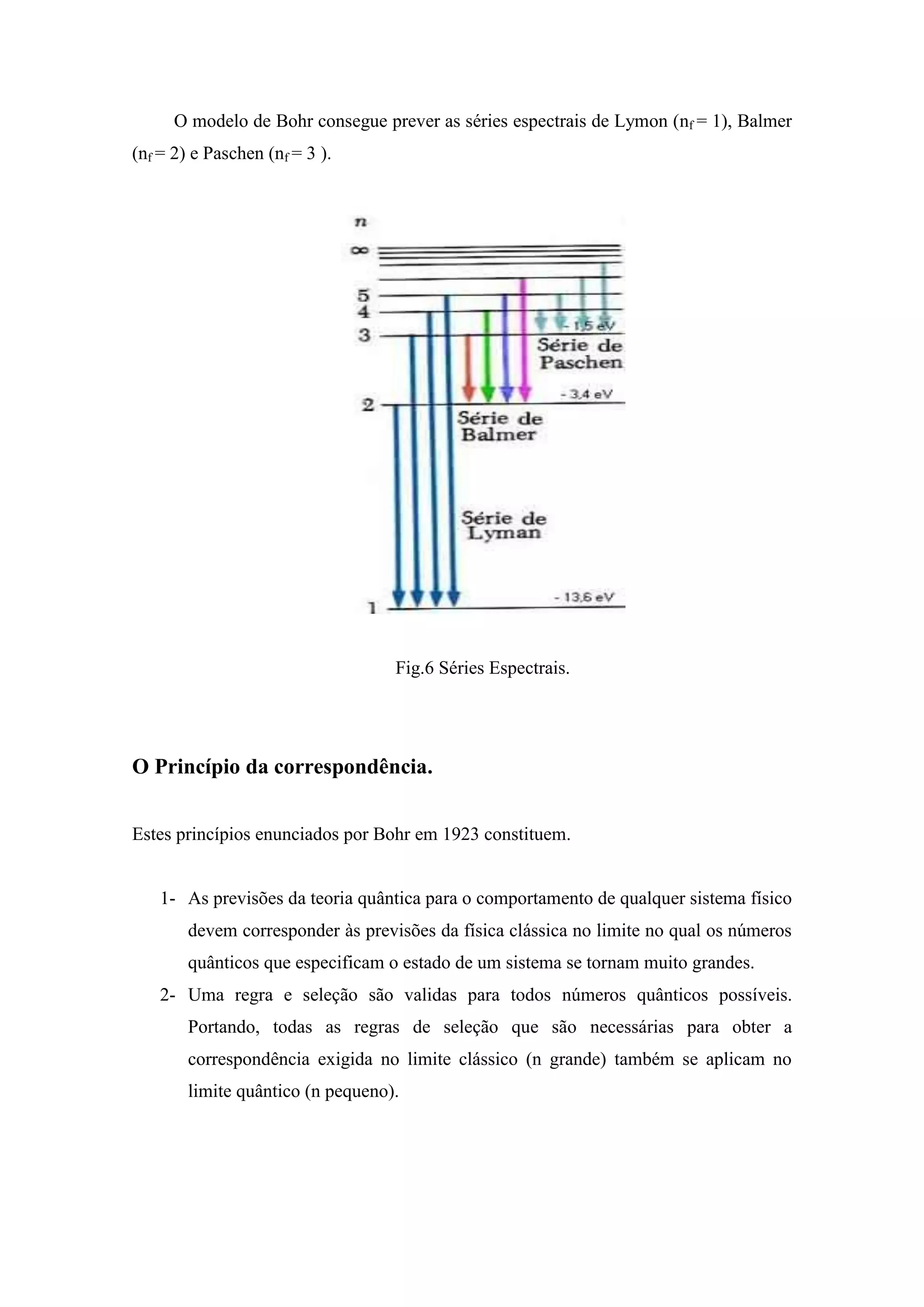 O modelo de Bohr consegue prever as séries espectrais de Lymon (nf = 1), Balmer
(nf = 2) e Paschen (nf = 3 ).




                                   Fig.6 Séries Espectrais.




O Princípio da correspondência.


Estes princípios enunciados por Bohr em 1923 constituem.


    1- As previsões da teoria quântica para o comportamento de qualquer sistema físico
        devem corresponder às previsões da física clássica no limite no qual os números
        quânticos que especificam o estado de um sistema se tornam muito grandes.
    2- Uma regra e seleção são validas para todos números quânticos possíveis.
        Portando, todas as regras de seleção que são necessárias para obter a
        correspondência exigida no limite clássico (n grande) também se aplicam no
        limite quântico (n pequeno).
 