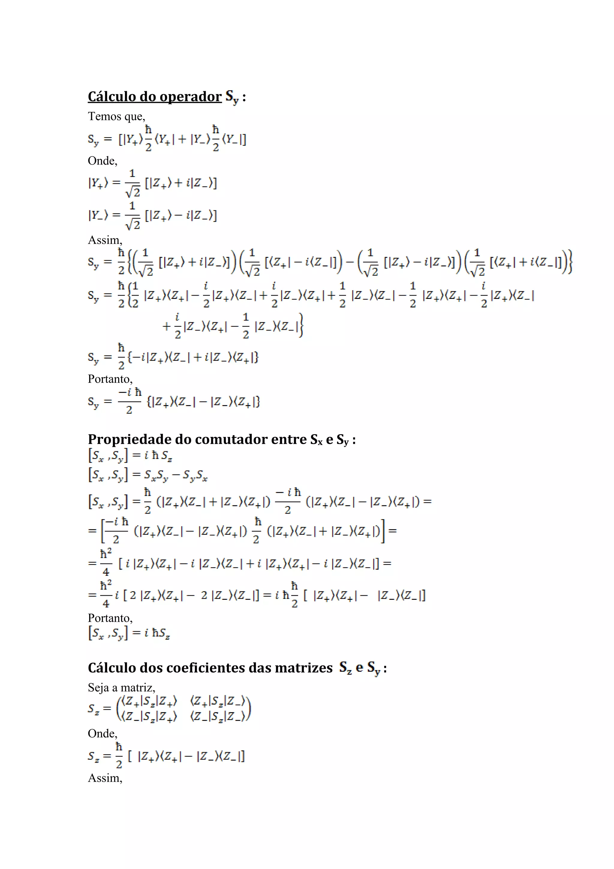 Cálculo do operador    :
Temos que,


Onde,




Assim,




Portanto,



Propriedade do comutador entre Sx e Sy :




Portanto,



Cálculo dos coeficientes das matrizes      :
Seja a matriz,


Onde,


Assim,
 