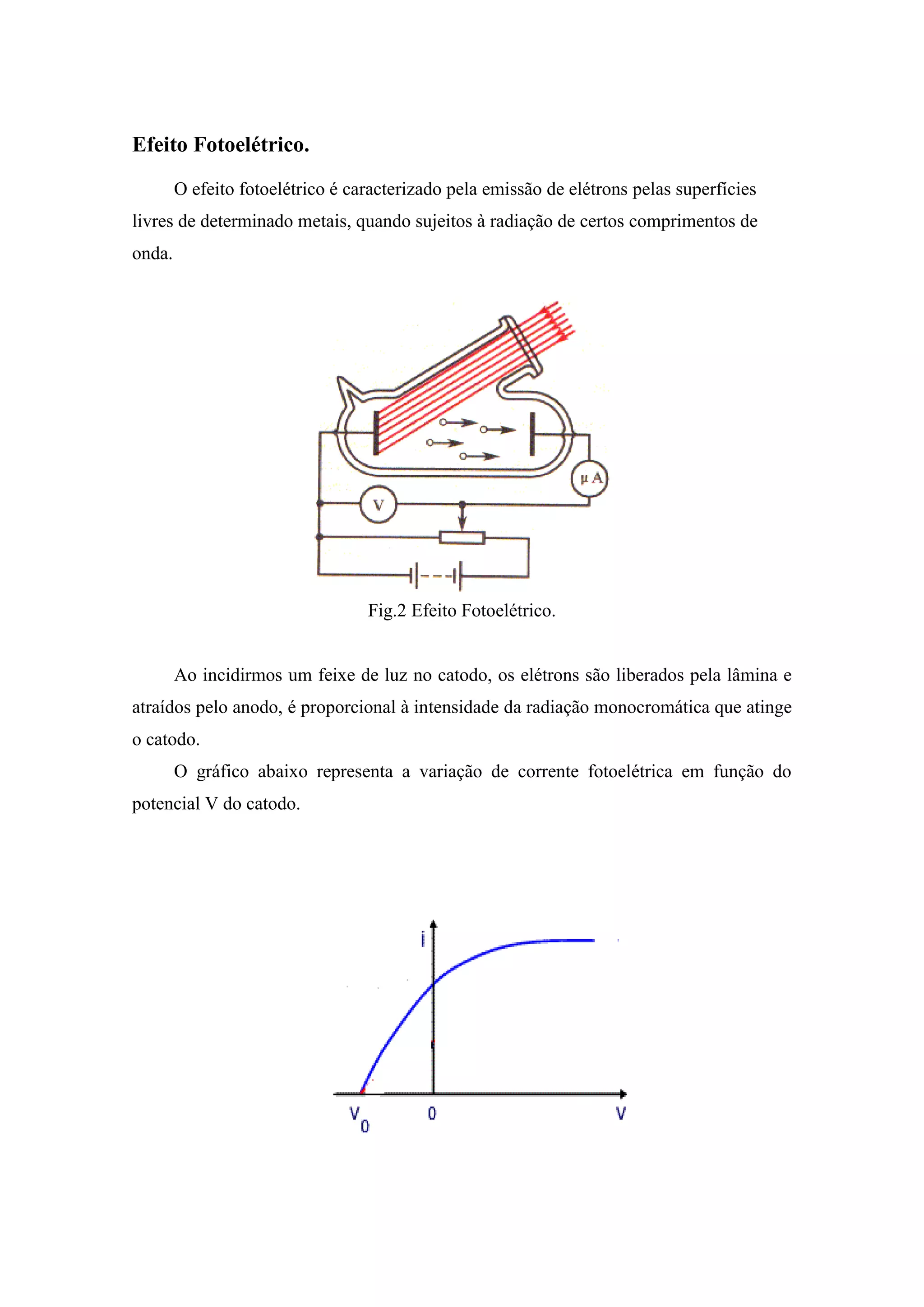 Efeito Fotoelétrico.
        O efeito fotoelétrico é caracterizado pela emissão de elétrons pelas superfícies
livres de determinado metais, quando sujeitos à radiação de certos comprimentos de
onda.




                                  Fig.2 Efeito Fotoelétrico.


        Ao incidirmos um feixe de luz no catodo, os elétrons são liberados pela lâmina e
atraídos pelo anodo, é proporcional à intensidade da radiação monocromática que atinge
o catodo.
        O gráfico abaixo representa a variação de corrente fotoelétrica em função do
potencial V do catodo.
 