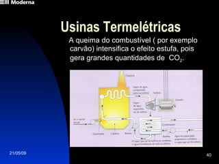 Usinas Termelétricas A queima do combustível ( por exemplo carvão) intensifica o efeito estufa, pois gera grandes quantidades de  CO 2 .   