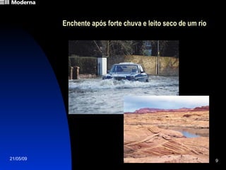 Enchente após forte chuva e leito seco de um rio  