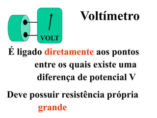 VOLT
Voltímetro
É ligado diretamente aos pontos
entre os quais existe uma
diferença de potencial V
Deve possuir resistência própria
grande
 