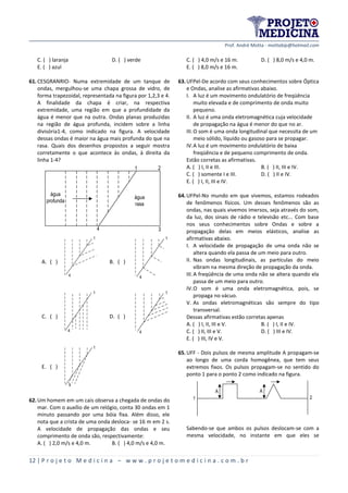 Prof. André Motta - mottabip@hotmail.com
12 | P r o j e t o M e d i c i n a – w w w . p r o j e t o m e d i c i n a . c o m . b r
C. ( ) laranja D. ( ) verde
E. ( ) azul
61.CESGRANRIO- Numa extremidade de um tanque de
ondas, mergulhou-se uma chapa grossa de vidro, de
forma trapezoidal, representada na figura por 1,2,3 e 4.
A finalidade da chapa é criar, na respectiva
extremidade, uma região em que a profundidade da
água é menor que na outra. Ondas planas produzidas
na região de água profunda, incidem sobre a linha
divisória1-4, como indicado na figura. A velocidade
dessas ondas é maior na água mais profunda do que na
rasa. Quais dos desenhos propostos a seguir mostra
corretamente o que acontece às ondas, à direita da
linha 1-4?
água
profunda
água
rasa
1 2
34
A. ( )
4
1
B. ( )
1
4
C. ( )
4
1
D. ( )
1
4
E. ( )
1
4
62.Um homem em um cais observa a chegada de ondas do
mar. Com o auxílio de um relógio, conta 30 ondas em 1
minuto passando por uma bóia fixa. Além disso, ele
nota que a crista de uma onda desloca- se 16 m em 2 s.
A velocidade de propagação das ondas e seu
comprimento de onda são, respectivamente:
A. ( ) 2,0 m/s e 4,0 m. B. ( ) 4,0 m/s e 4,0 m.
C. ( ) 4,0 m/s e 16 m. D. ( ) 8,0 m/s e 4,0 m.
E. ( ) 8,0 m/s e 16 m.
63.UFPel-De acordo com seus conhecimentos sobre Óptica
e Ondas, analise as afirmativas abaixo.
I. A luz é um movimento ondulatório de freqüência
muito elevada e de comprimento de onda muito
pequeno.
II. A luz é uma onda eletromagnética cuja velocidade
de propagação na água é menor do que no ar.
III.O som é uma onda longitudinal que necessita de um
meio sólido, líquido ou gasoso para se propagar.
IV.A luz é um movimento ondulatório de baixa
freqüência e de pequeno comprimento de onda.
Estão corretas as afirmativas.
A. ( ) I, II e III. B. ( ) II, III e IV.
C. ( ) somente I e III. D. ( ) II e IV.
E. ( ) I, II, III e IV.
64.UFPel-No mundo em que vivemos, estamos rodeados
de fenômenos físicos. Um desses fenômenos são as
ondas, nas quais vivemos imersos, seja através do som,
da luz, dos sinais de rádio e televisão etc... Com base
nos seus conhecimentos sobre Ondas e sobre a
propagação delas em meios elásticos, analise as
afirmativas abaixo.
I. A velocidade de propagação de uma onda não se
altera quando ela passa de um meio para outro.
II. Nas ondas longitudinais, as partículas do meio
vibram na mesma direção de propagação da onda.
III.A freqüência de uma onda não se altera quando ela
passa de um meio para outro.
IV.O som é uma onda eletromagnética, pois, se
propaga no vácuo.
V. As ondas eletromagnéticas são sempre do tipo
transversal.
Dessas afirmativas estão corretas apenas
A. ( ) I, II, III e V. B. ( ) I, II e IV.
C. ( ) II, III e V. D. ( ) III e IV.
E. ( ) III, IV e V.
65.UFF - Dois pulsos de mesma amplitude A propagam-se
ao longo de uma corda homogênea, que tem seus
extremos fixos. Os pulsos propagam-se no sentido do
ponto 1 para o ponto 2 como indicado na figura.
1 2
AA
Sabendo-se que ambos os pulsos deslocam-se com a
mesma velocidade, no instante em que eles se
 