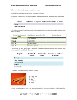 Servicio de asesoría y resolución de ejercicios                        ciencias_help@hotmail.com


a) Determina el número de segundos en una hora y un mes.

b) Escribe cada cantidad del inciso anterior en notación científica.

c) Determina el prefijo del SI que se utilizaría para expresar la cantidad del inciso anterior de acuerdo a su
potencia.


             Tiempo             a) Número de segundos b) Notación científica c) Prefijo
      1 hora
      1 mes (de 30 días)

5. De acuerdo con el prefijo utilizado, escribe cuál sería la cantidad en notación decimal para cada una de las
expresiones dadas:

    Cantidad con símbolo de         Cantidad con nombre de prefijo                   Notación decimal
            prefijo
 1) 300 MB                          300 megabytes
 2) 9.5 kJ                          9.5 kilojoules
 3) 30 GB                           30 gigabytes
 4) 8.7 pm                          8.7 pico-metros
 5) 9.7 C                          9.7 micro-coulomb

6. Investiga, ya sea en un libro de texto o en Internet, el nombre y símbolo de la unidad de la magnitud dada, y
expresa la unidad en unidades de SI básicas.


            Magnitud                Nombre de            Símbolo de         Expresión en unidades
                                     unidad                unidad                SI básicas
      Tensión
      Flujo radiante
      Conductancia
      eléctrica
      Inductancia

7. Ordena las siguientes longitudes de mayor a menor:



                                      a) 1.4x10-8Mm
                                      b) 3x102m
                                      c) 7km
                                      d) 9x1012mm
                                      e) 9000m



8. Utiliza la calculadora para resolver las siguientes operaciones. Expresa el resultado en notación científica:




                   www.maestronline.com
 