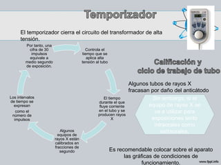 El temporizador cierra el circuito del transformador de alta
tensión.
Controla el
tiempo que se
aplica alta
tensión al tubo
El tiempo
durante el que
fluye corriente
en el tubo y se
producen rayos
X
Algunos
equipos de
rayos X están
calibrados en
fracciones de
segundo
Los intervalos
de tiempo se
expresan
como el
número de
impulsos
Por tanto, una
cifra de 30
impulsos
equivale a
medio segundo
de exposición.
Algunos tubos de rayos X
fracasan por daño del anticátodo
Sin embargo, si el
equipo de rayos X se
va a utilizar para
exposiciones tanto
intraorales como
extraorales,
Es recomendable colocar sobre el aparato
las gráficas de condiciones de
funcionamiento.
 