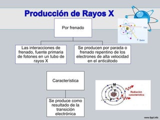 Por frenado
Las interacciones de
frenado, fuente primaria
de fotones en un tubo de
rayos X
Se producen por parada o
frenado repentino de los
electrones de alta velocidad
en el anticátodo
Característica
Se produce como
resultado de la
transición
electrónica
 