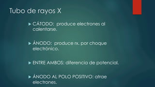 Tubo de rayos X
u  CÁTODO: produce electrones al
calentarse.
u  ÁNODO: produce rx. por choque
electrónico.
u  ENTRE AMBOS: diferencia de potencial.
u  ÁNODO AL POLO POSITIVO: atrae
electrones.
 