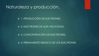 Naturaleza y producción.
u  1. PRODUCCIÓN DE ELECTRONES.
u  2. ELECTRONES DE ALTA VELOCIDAD.
u  3. CONCENTRACIÓN DE ELECTRONES.
u  4- FRENAMIENTO BRUSCO DE LOS ELECTRONES.
 