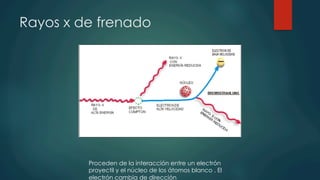 Rayos x de frenado
Proceden de la interacción entre un electrón
proyectil y el núcleo de los átomos blanco . El
electrón cambia de dirección
 
