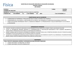 SECRETARIA DE EDUCACIÓN DIRECCIÓN DE EDUCACIÓN SECUNDARIA
CIENCIAS II (FÍSICA)
2DO GRADO
ESCUELA: ZONA: REGIÓN:
NOMBRE DEL MAESTRO: GRUPO:
BLOQUE III: UN MODELO PARA DESCRIBIR LA ESTRUCTURA DE LA MATERIA
PERIODO DEL: 4 DE FEBRERO AL: 11 DE FEBRERO DE: 2015 No. DE SESIONES: 8
COMPETENCIAS QUE SE FAVORECEN
 COMPRENSIÓN DE FENÓMENOS Y PROCESOS NATURALES DESDE LA PERSPECTIVA CIENTÍFICA
 COMPRENSIÓN DE LOS ALCANCES Y LIMITACIONES DE LA CIENCIA Y DEL DESARROLLO TECNOLÓGICOEN DIVERSOS CONTEXTOS
 TOMA DE DECISIONES INFORMADAS PARA EL CUIDADO DEL AMBIENTE Y LA PROMOCIÓN DE LA SALUD ORIENTADAS A LA CULTURA DE
LA PREVENCIÓN
APRENDIZAJES ESPERADOS
 PLANTEA Y DELIMITA UN PROYECTO DERIVADO DE CUESTIONAMIENTOS QUE SURJAN DE SU INTERÉS Y PARA EL QUE BUSQUE SOLUCIÓN.
 UTILIZA LA INFORMACIÓN OBTENIDA MEDIANTE LA EXPERIMENTACIÓN O INVESTIGACIÓN BIBLIOGRÁFICA PARA ELABORAR ARGUMENTOS,
CONCLUSIONES Y PROPUESTAS DE SOLUCIÓN A LO PLANTEADO EN SU PROYECTO.
 DISEÑA Y ELABORA OBJETOS TÉCNICOS, EXPERIMENTOS O MODELOS CON CREATIVIDAD, QUE LE PERMITAN DESCRIBIR, EXPLICAR Y PREDECIR ALGUNOS
FENÓMENOS FÍSICOS RELACIONADOS CON LAS INTERACCIONES DE LA MATERIA.
 SISTEMATIZALA INFORMACIÓN YORGANIZALOSRESULTADOSDE SU PROYECTOY LOS COMUNICA ALGRUPO O A LA COMUNIDAD,UTILIZANDODIVERSOS
MEDIOS: ORALES, ESCRITOS, MODELOS, INTERACTIVOS, GRÁFICOS, ENTRE OTROS.
CONTENIDOS
TEMA: PROYECTO (IMAGINAR, DISEÑAR Y EXPERIMENTAR PARA EXPLICAR O INNOVAR)
 ¿CÓMO FUNCIONAN LAS MÁQUINAS DE VAPOR?
 ¿CÓMO FUNCIONAN LOS GATOS HIDRAULICOS?
Física
 