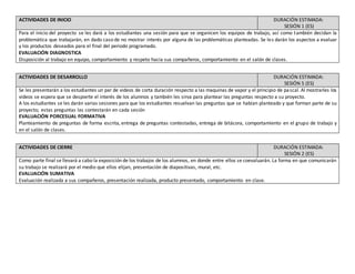 ACTIVIDADES DE INICIO DURACIÓN ESTIMADA:
SESIÓN 1 (ES)
Para el inicio del proyecto se les dará a los estudiantes una sesión para que se organicen los equipos de trabajo, así como también decidan la
problemática que trabajarán, en dado caso de no mostrar interés por alguna de las problemáticas planteadas. Se les darán los aspectos a evaluar
y los productos deseados para el final del periodo programado.
EVALUACIÓN DIAGNOSTICA
Disposición al trabajo en equipo, comportamiento y respeto hacia sus compañeros, comportamiento en el salón de clases.
ACTIVIDADES DE DESARROLLO DURACIÓN ESTIMADA:
SESIÓN 5 (ES)
Se les presentarán a los estudiantes un par de videos de corta duración respecto a las maquinas de vapor y el principio de pascal. Al mostrarles los
videos se espera que se despierte el interés de los alumnos y también les sirva para plantear las preguntas respecto a su proyecto.
A los estudiantes se les darán varias sesiones para que los estudiantes resuelvan las preguntas que se habían planteado y que forman parte de su
proyecto; estas preguntas las contestarán en cada sesión
EVALUACIÓN PORCESUAL FORMATIVA
Planteamiento de preguntas de forma escrita, entrega de preguntas contestadas, entrega de bitácora, comportamiento en el grupo de trabajo y
en el salón de clases.
ACTIVIDADES DE CIERRE DURACIÓN ESTIMADA:
SESIÓN 2 (ES)
Como parte final se llevará a cabo la exposición de los trabajos de los alumnos, en donde entre ellos se coevaluarán. La forma en que comunicarán
su trabajo se realizará por el medio que ellos elijan, presentación de diapositivas, mural, etc.
EVALUACIÓN SUMATIVA
Evaluación realizada a sus compañeros, presentación realizada, producto presentado, comportamiento en clase.
 