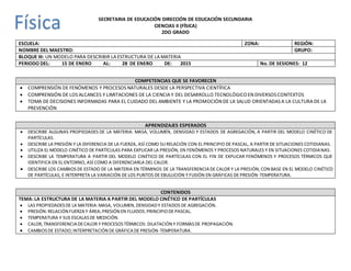 SECRETARIA DE EDUCACIÓN DIRECCIÓN DE EDUCACIÓN SECUNDARIA
CIENCIAS II (FÍSICA)
2DO GRADO
ESCUELA: ZONA: REGIÓN:
NOMBRE DEL MAESTRO: GRUPO:
BLOQUE III: UN MODELO PARA DESCRIBIR LA ESTRUCTURA DE LA MATERIA
PERIODO DEL: 15 DE ENERO AL: 28 DE ENERO DE: 2015 No. DE SESIONES: 12
COMPETENCIAS QUE SE FAVORECEN
 COMPRENSIÓN DE FENÓMENOS Y PROCESOS NATURALES DESDE LA PERSPECTIVA CIENTÍFICA
 COMPRENSIÓN DE LOS ALCANCES Y LIMITACIONES DE LA CIENCIA Y DEL DESARROLLO TECNOLÓGICOEN DIVERSOS CONTEXTOS
 TOMA DE DECISIONES INFORMADAS PARA EL CUIDADO DEL AMBIENTE Y LA PROMOCIÓN DE LA SALUD ORIENTADAS A LA CULTURA DE LA
PREVENCIÓN
APRENDIZAJES ESPERADOS
 DESCRIBE ALGUNAS PROPIEDADES DE LA MATERIA: MASA, VOLUMEN, DENSIDAD Y ESTADOS DE AGREGACIÓN, A PARTIR DEL MODELO CINÉTICO DE
PARTÍCULAS.
 DESCRIBE LA PRESIÓN Y LA DIFERENCIA DE LA FUERZA, ASÍ COMO SU RELACIÓN CON EL PRINCIPIO DE PASCAL, A PARTIR DE SITUACIONES COTIDIANAS.
 UTILIZA EL MODELO CINÉTICO DE PARTÍCULAS PARA EXPLICAR LA PRESIÓN, EN FENÓMENOS Y PROCESOS NATURALES Y EN SITUACIONES COTIDIANAS.
 DESCRIBE LA TEMPERATURA A PARTIR DEL MODELO CINÉTICO DE PARTÍCULAS CON EL FIN DE EXPLICAR FENÓMENOS Y PROCESOS TÉRMICOS QUE
IDENTIFICA EN EL ENTORNO, ASÍ COMO A DIFERENCIARLA DEL CALOR.
 DESCRIBE LOS CAMBIOSDE ESTADO DE LA MATERIA EN TÉRMINOS DE LA TRANSFERENCIA DE CALOR Y LA PRESIÓN,CON BASE EN EL MODELO CINÉTICO
DE PARTÍCULAS, E INTERPRETA LA VARIACIÓN DE LOS PUNTOS DE EBULLICIÓN Y FUSIÓN EN GRÁFICAS DE PRESIÓN-TEMPERATURA.
CONTENIDOS
TEMA: LA ESTRUCTURA DE LA MATERIA A PARTIR DEL MODELO CINÉTICO DE PARTÍCULAS
 LAS PROPIEDADESDE LA MATERIA:MASA, VOLUMEN,DENSIDADY ESTADOS DE AGREGACIÓN.
 PRESIÓN:RELACIÓN FUERZAY ÁREA;PRESIÓN EN FLUIDOS.PRINCIPIODE PASCAL.
 TEMPERATURA Y SUS ESCALASDE MEDICIÓN.
 CALOR,TRANSFERENCIA DECALOR Y PROCESOSTÉRMICOS: DILATACIÓN Y FORMASDE PROPAGACIÓN.
 CAMBIOSDE ESTADO;INTERPRETACIÓN DE GRÁFICA DE PRESIÓN-TEMPERATURA.
Física
 