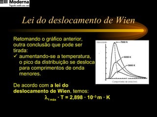 Lei do deslocamento de Wien Retomando o gráfico anterior,  outra conclusão que pode ser  tirada: aumentando-se a temperatura,  o pico da distribuição se desloca  para comprimentos de onda  menores. De acordo com  a lei do  deslocamento de Wien , temos:    I  máx  · T = 2,898 · 10 –3  m · K 