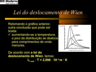 Lei do deslocamento de Wien Retomando o gráfico anterior,  outra conclusão que pode ser  tirada: aumentando-se a temperatura,  o pico da distribuição se desloca  para comprimentos de onda  menores. De acordo com  a lei do  deslocamento de Wien , temos:    I  máx  · T = 2,898 · 10 –3  m · K 