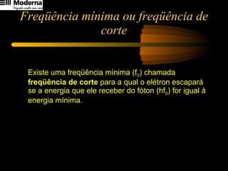 Freqüência mínima ou freqüência de corte Existe uma freqüência mínima (f 0 ) chamada  freqüência de corte  para a qual o elétron escapará se a energia que ele receber do fóton (hf 0 ) for igual à energia mínima. 