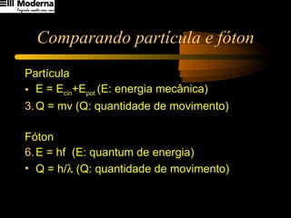 Comparando partícula e fóton Partícula E = E cin +E pot  (E: energia mecânica) Q = mv (Q: quantidade de movimento) Fóton E = hf  (E: quantum de energia) Q = h/   (Q: quantidade de movimento) 