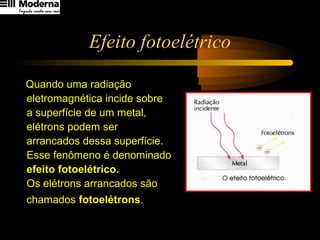 Efeito fotoelétrico
Quando uma radiação
eletromagnética incide sobre
a superfície de um metal,
elétrons podem ser
arrancados dessa superfície.
Esse fenômeno é denominado
efeito fotoelétrico.
Os elétrons arrancados são
chamados fotoelétrons.
 