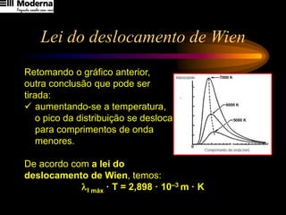 Lei do deslocamento de Wien
Retomando o gráfico anterior,
outra conclusão que pode ser
tirada:
 aumentando-se a temperatura,
o pico da distribuição se desloca
para comprimentos de onda
menores.
De acordo com a lei do
deslocamento de Wien, temos:
lI máx · T = 2,898 · 10–3 m · K
 