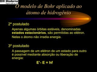 O modelo de Bohr aplicado ao
átomo de hidrogênio
2º postulado
Apenas algumas órbitas estáveis, denominadas
estados estacionários, são permitidas ao elétron.
Nelas o átomo não irradia energia.
3º postulado
A passagem de um elétron de um estado para outro
é possível mediante absorção ou liberação de
energia:
E’- E = hf
 