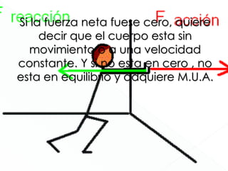 Si la fuerza neta fuese cero, quiere
decir que el cuerpo esta sin
movimiento o a una velocidad
constante. Y si no esta en cero , no
esta en equilibrio y adquiere M.U.A.
 