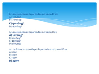 8. La aceleración de la partícula en el tramo EF es:
A) -10m/seg2
B) -20m/seg2
C) -30m/seg2
D) -60m/seg2

9. La aceleración de la partícula en el tramo IJ es:
A) 10m/seg2
B) 20m/seg2
C) 40m/seg2
D) 60m/seg2

10. La distancia recorrida por la partícula en el tramo DE es:
A) 100m
B) 120m
C) 160m
D) 200m
 