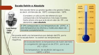 Escala Kelvin o Absoluta
Esta escala tiene sus grados iguales a los grados Celsius,
es decir, al intervalo de 100ºC corresponden 100ºK.
Lord Kelvin
(1824-
1907)
Considera un solo punto de referencia que
corresponde a la temperatura más baja medida
hasta ahora a la que se le da el valor de 0ºK y se
denomina cero absoluto
El 0ºK corresponde a una temperatura de -273ºC, A
esta temperatura los átomos y moléculas dejan de
moverse completamente
No puede existir una temperatura por debajo del 0°K, por lo
tanto en la escala Kelvin no existen las temperaturas
negativas.
En la escala Kelvin, la temperatura de fusión del hielo
(o congelación del agua) es de 273 K, por lo que
0ºC = 273 K
Y la temperatura de ebullición del agua es:
100ºC = 373 K
 