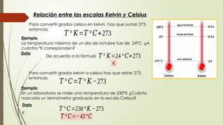 Relación entre las escalas Kelvin y Celsius
Para convertir grados celsius en kelvin, hay que sumar 273,
entonces
𝑇 ° 𝐾=𝑇 °𝐶+273
Ejemplo
La temperatura máxima de un día de octubre fue de 24ºC, ¿A
cuántos ºK corresponden?
De acuerdo a la fórmula 𝑇 ° 𝐾=24 °𝐶+273
K
Dato
Para convertir grados kelvin a celsius hay que restar 273,
entonces
𝑇 °𝐶=𝑇 ° 𝐾 −273
Ejemplo
En un laboratorio se mide una temperatura de 230°K ¿Cuánto
marcaría un termómetro graduado en la escala Celsius?
Dato
K
𝑇 °𝐶=230°𝐾 −273
𝑇 °𝐶=−43°𝐶
 