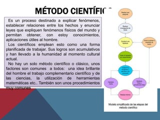 MÉTODO CIENTÍFICO
  Es un proceso destinado a explicar fenómenos,
establecer relaciones entre los hechos y enunciar
leyes que expliquen fenómenos físicos del mundo y
permitan obtener, con estoy conocimientos,
aplicaciones útiles al hombre.
  Los científicos emplean esto como una forma
planificada de trabajar. Sus logros son acumulativos
y han llevado a la humanidad al momento cultural
actual.
  No hay un solo método científico o clásico, unos
factores son comunes a todos: una idea brillante
del hombre el trabajo complementario científico y de
las ciencias, la utilización de herramientas
matemáticas etc.. También son unos procedimientos
muy comunes
 