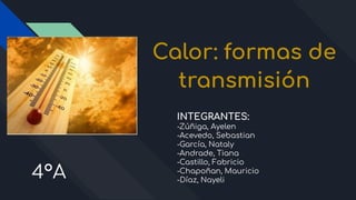 Calor: formas de
transmisión
4°A
INTEGRANTES:
-Zúñiga, Ayelen
-Acevedo, Sebastian
-García, Nataly
-Andrade, Tiana
-Castillo, Fabricio
-Chapoñan, Mauricio
-Díaz, Nayeli
 