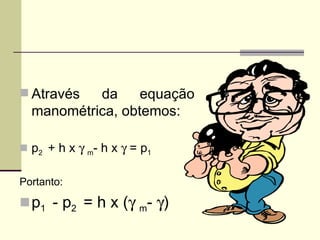 Através da equação manométrica, obtemos: p 2  + h x     m - h x    = p 1 Portanto: p 1  - p 2  = h x (    m -   ) 