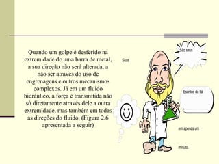 Quando um golpe é desferido na extremidade de uma barra de metal, a sua direção não será alterada, a não ser através do uso de engrenagens e outros mecanismos complexos. Já em um fluido hidráulico, a força é transmitida não só diretamente através dele a outra extremidade, mas também em todas as direções do fluido. (Figura 2.6 apresentada a seguir) 