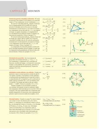 96
Vectores de posición, velocidad y aceleración: El vector
de posición de un punto P en el espacio es el vector del
origen a P. Sus componentes son las coordenadas x, y y z.
El vector de velocidad media durante el intervalo
Dt es el desplazamiento (el cambio del vector de
posición dividido entre Dt. El vector de velocidad
instantánea es la derivada de con respecto al tiempo, y
sus componentes son las derivadas de x, y y z con respecto
al tiempo. La rapidez instantánea es la magnitud de
La velocidad de una partícula siempre es tangente a la
trayectoria de la partícula. (Véase el ejemplo 3.1.)
El vector de aceleración media durante el intervalo
de tiempo Dt es igual a (el cambio en el vector de
velocidad dividido entre Dt. El vector de aceleración
instantánea es la derivada de con respecto al tiempo,
y sus componentes son las derivadas de vx, vy y vz con
respecto al tiempo. (Véase el ejemplo 3.2.)
La componente de aceleración paralela a la dirección
de la velocidad instantánea afecta la rapidez; en tanto que
la componente de perpendicular a afecta la dirección
del movimiento. (Véanse los ejemplos 3.3 y 3.4.)
v
S
a
S
v
S
,
a
S
v
S
)
Dv
S
a
S
med
v
S
v
S
.
r
S
,
v
S
r
S
)
Dr
S
v
S
med
r
S
Dx
Dy
y1
S
r1
S
Dr
Dv
S
S
r2
v2
S
v2
S
v1
S
v1
S
x1 x2
y2
y
O
x
y
O
x
S
amed 5
S Dv
Dt
S
vmed 5
S Dr
Dt
Movimiento de proyectiles: En el movimiento de
proyectiles sin resistencia del aire, ax 5 0 y ay 5 2g.
Las coordenadas y componentes de la velocidad son
funciones sencillas del tiempo, y la forma de la trayectoria
siempre es una parábola. Por convención, colocamos el
origen en la posición inicial del proyectil. (Véanse los
ejemplos 3.5 a 3.10.)
y
O
x
S
v
S
v
S
v
S
v
vx
vx
ay 5 2g
vy
vy
vx
vy
Movimiento circular uniforme y no uniforme: Cuando una
partícula se mueve en una trayectoria circular de radio R
con rapidez constante v (movimiento circular uniforme),
su aceleración está dirigida hacia el centro del círculo y
es perpendicular a La magnitud arad de la aceleración se
puede expresar en términos de v y R, o en términos de R
y el periodo T (el tiempo que tarda en dar una vuelta),
donde (Véanse los ejemplos 3.11 y 3.12.)
Aunque la rapidez en un movimiento circular no
sea constante (movimiento circular no uniforme), habrá
una componente radial de dada por la ecuación (3.28) o la
ecuación (3.30), pero también habrá una componente de
paralela (tangencial) a la trayectoria; esta componente tan-
gencial es igual a la tasa de cambio de la rapidez, dvdt.
a
S
a
S
v 5 2pR/T.
v
S
.
a
S
v
S
v
S
v
S
v
S
v
S
arad
S
arad
S
arad
S
arad
S
arad
S
arad
S
v
S
(3.20)
(3.21)
(3.22)
(3.23)
vy 5 v0 sena0 2 gt
vx 5 v0 cosa0
y 5 1v0 sena0 2t 2
1
2
gt2
x 5 1v0 cosa0 2t
(3.1)
(3.2)
(3.3)
(3.4)
(3.8)
(3.9)
(3.10)
az 5
dvz
dt
ay 5
dvy
dt
ax 5
dvx
dt
a
S
5 lím
DtS0
Dv
S
Dt
5
dv
S
dt
a
S
med 5
v
S
2 2 v
S
1
t2 2 t1
5
Dv
S
Dt
vx 5
dx
dt
vy 5
dy
dt
vz 5
dz
dt
v
S
5 lím
DtS0
Dr
S
Dt
5
d r
S
dt
v
S
med 5
r
S
2 2 r
S
1
t2 2 t1
5
Dr
S
Dt
r
S
5 xd
^ 1 ye
^ 1 zk
^
(3.30)
arad 5
4p2
R
T2
Velocidad relativa: Cuando un cuerpo P se mueve relativo
a un cuerpo (o marco de referencia) B, y B se mueve
relativo a A, denotamos la velocidad de P relativa a B con
la velocidad de P relativa a A con y la velocidad
de B relativa a A con Si todas estas velocidades
están en la misma línea, sus componentes sobre la
línea están relacionadas por la ecuación (3.33). De forma
más general, estas velocidades están relacionadas por
la ecuación (3.36). (Véanse los ejemplos 3.13 a 3.15.)
v
S
B/A.
v
S
P/A,
v
S
P/B,
A (observador
en el suelo)
B (aire en
movimiento)
P (avión)
S
vP/B
S
vP/A
S
vB/A
vP/A 5 vP/B 1 vB/A
S S S
(3.33)
(velocidad relativa en una línea)
(3.36)
(velocidad relativa en el espacio)
v
S
P/A 5 v
S
P/B 1 v
S
B/A
vP/A-x 5 vP/B-x 1 vB/A-x
CAPÍTULO 3 RESUMEN
(3.28)
arad 5
v2
R
 