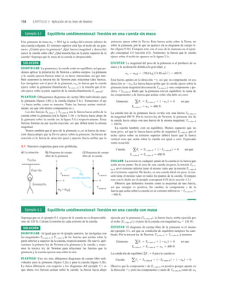 138 CAPÍTULO 5 Aplicación de las leyes de Newton
Ejemplo 5.1 Equilibrio unidimensional: Tensión en una cuerda sin masa
Una gimnasta de masa mG 5 50.0 kg se cuelga del extremo inferior de
una cuerda colgante. El extremo superior está ﬁjo al techo de un gim-
nasio. ¿Cuánto pesa la gimnasta? ¿Qué fuerza (magnitud y dirección)
ejerce la cuerda sobre ella? ¿Qué tensión hay en la parte superior de la
cuerda? Suponga que la masa de la cuerda es despreciable.
SOLUCIÓN
IDENTIFICAR: La gimnasta y la cuerda están en equilibrio, así que po-
demos aplicar la primera ley de Newton a ambos cuerpos. La gimnasta
y la cuerda ejercen fuerzas entre sí, es decir, interactúan, así que tam-
bién usaremos la tercera ley de Newton para relacionar tales fuerzas.
Las incógnitas son el peso de la gimnasta, wG, la fuerza que la cuerda
ejerce sobre la gimnasta (llamémosla TR sobre G) y la tensión que el te-
cho ejerce sobre la parte superior de la cuerda (llamémosla TC sobre R).
PLANTEAR: Dibujaremos diagramas de cuerpo libre individuales para
la gimnasta (ﬁgura 5.lb) y la cuerda (ﬁgura 5.1c). Tomaremos el eje
1y hacia arriba, como se muestra. Todas las fuerzas actúan vertical-
mente, así que sólo tienen componente en y.
Las dos fuerzas TR sobre G y TG sobre R son la fuerza hacia arriba de la
cuerda sobre la gimnasta (en la ﬁgura 5.1b) y la fuerza hacia abajo de
la gimnasta sobre la cuerda (en la ﬁgura 5.1c) respectivamente. Estas
fuerzas forman un par acción-reacción, así que deben tener la misma
magnitud.
Vemos también que el peso de la gimnasta wG es la fuerza de atrac-
ción (hacia abajo) que la Tierra ejerce sobre la gimnasta. Su fuerza de
reacción es la fuerza de atracción igual y opuesta (hacia arriba) que la
gimnasta ejerce sobre la Tierra. Esta fuerza actúa sobre la Tierra, no
sobre la gimnasta, por lo que no aparece en su diagrama de cuerpo li-
bre (ﬁgura 5.1b). Compare esto con el caso de la manzana en el ejem-
plo conceptual 4.9 (sección 4.5). Asimismo, la fuerza que la cuerda
ejerce sobre el techo no aparece en la ﬁgura 5.1c.
EJECUTAR: La magnitud del peso de la gimnasta es el producto de su
masa y la aceleración debida a la gravedad, g:
Esta fuerza apunta en la dirección 2y, así que su componente en esa
dirección es 2wG. La fuerza hacia arriba que la cuerda ejerce sobre la
gimnasta tiene magnitud desconocida TR sobre G y una componente y po-
sitiva 1TR sobre G. Dado que la gimnasta está en equilibrio, la suma de
las componentes y de fuerza que actúan sobre ella debe ser cero:
La cuerda tira de la gimnasta hacia arriba con una fuerza TR sobre G
de magnitud 490 N. Por la tercera ley de Newton, la gimnasta tira de
la cuerda hacia abajo con una fuerza de la misma magnitud, TG sobre R
5 490 N.
La cuerda también está en equilibrio. Hemos supuesto que no
tiene peso, así que la fuerza hacia arriba de magnitud TC sobre R que el
techo ejerce sobre su extremo superior deberá hacer que la fuerza
vertical neta que actúa sobre la cuerda sea igual a cero. Expresado
como ecuación:
EVALUAR: La tensión en cualquier punto de la cuerda es la fuerza que
actúa en ese punto. En el caso de esta cuerda sin peso, la tensión TG so-
bre R en el extremo inferior tiene el mismo valor que la tensión TC sobre R
en el extremo superior. De hecho, en una cuerda ideal sin peso, la ten-
sión tiene el mismo valor en todos los puntos de la cuerda. (Compare
esto con lo dicho en el ejemplo conceptual 4.10 de la sección 4.5.)
Observe que deﬁnimos tensión como la magnitud de una fuerza,
así que siempre es positiva. En cambio, la componente y de la
fuerza que actúa sobre la cuerda en su extremo inferior es 2TG sobre R 5
2490 N.
TC sobre R 5 TG sobre R 5 490 N
Cuerda: aFy 5 TC sobre R 1 12TG sobre R 2 5 0 así que
TR sobre G 5 wG 5 490 N
Gimnasta: aFy 5 TR sobre G 1 12wG 2 5 0 así que
wG 5 mGg 5 150.0 kg 2 19.80 m/s2
2 5 490 N
Par
acción-reacción
a) La situación b) Diagrama de cuerpo
libre de la gimnasta
c) Diagrama de cuerpo
libre de la cuerda
TR sobre G TG sobre R
TG sobre R
Techo
Techo
Gimnasta
Gimnasta
Cuerda
Cuerda
5.1 Nuestros esquemas para este problema.
Ejemplo 5.2 Equilibrio unidimensional: Tensión en una cuerda con masa
Suponga que en el ejemplo 5.1, el peso de la cuerda no es despreciable,
sino de 120 N. Calcule la tensión en cada extremo de la cuerda.
SOLUCIÓN
IDENTIFICAR: Al igual que en el ejemplo anterior, las incógnitas son
las magnitudes TG sobre R y TC sobre R de las fuerzas que actúan sobre la
parte inferior y superior de la cuerda, respectivamente. De nuevo, apli-
caremos la primera ley de Newton a la gimnasta y la cuerda, y usare-
mos la tercera ley de Newton para relacionar las fuerzas que la
gimnasta y la cuerda ejercen una sobre la otra.
PLANTEAR: Una vez más, dibujamos diagramas de cuerpo libre indi-
viduales para la gimnasta (ﬁgura 5.2a) y para la cuerda (ﬁgura 5.2b).
La única diferencia con respecto a los diagramas del ejemplo 5.1 es
que ahora tres fuerzas actúan sobre la cuerda: la fuerza hacia abajo
ejercida por la gimnasta (TG sobre R), la fuerza hacia arriba ejercida por
el techo (TC sobre R) y el peso de la cuerda con magnitud wR 5 120 N).
EJECUTAR: El diagrama de cuerpo libre de la gimnasta es el mismo
del ejemplo 5.1, así que su condición de equilibrio tampoco ha cam-
biado. Por la tercera ley de Newton, TR sobre G 5 TG sobre R, y tenemos
La condición de equilibrio gFy 5 0 para la cuerda es
Observe que la componente y de TC sobre R es positiva porque apunta en
la dirección 1y, pero las componentes y tanto de TG sobre R como de wR
Cuerda: aFy 5 TC sobre R 1 12TG sobre R 2 1 12wR 2 5 0
TR sobre G 5 TG sobre R 5 wG 5 490 N
Gimnasta: aFy 5 TR sobre G 1 12wG 2 5 0 así que
 