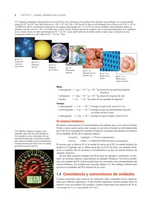 6 CAPÍTULO 1 Unidades, cantidades físicas y vectores
1.5 Algunas longitudes representativas en el Universo. a) La distancia a las galaxias más distantes que podemos ver es aproximada-
mente de 1026
m (1023
km). b) El Sol está a 1.50 3 1011
m (1.50 3 108
km) de la Tierra. c) El diámetro de la Tierra es de 1.28 3 107
m
(12,800 km). d) Un ser humano común tiene una estatura aproximada de 1.7 m (170 cm). e) Los glóbulos rojos humanos tienen un
diámetro cercano a los 8 3 1026
m (0.008 mm, es decir, 8 μm). f) Estos átomos de oxígeno, que se muestran dispuestos en la superﬁcie
de un cristal, tienen un radio aproximado de 10210
m (1024
mm). g) El radio de un núcleo atómico típico (que se muestra en una
concepción artística) es del orden de 10214
m (1025
nm).
1.6 Muchos objetos comunes usan
unidades tanto del SI como británicas.
Un ejemplo es este velocímetro de un
automóvil fabricado en Estados Unidos,
que indica la rapidez tanto en kilómetros
(escala interior) por hora como en millas
por hora (escala exterior).
Masa
1 microgramo 5 1 mg 5 1026
g 5 1029
kg (masa de una partícula pequeña
de polvo)
1 miligramo 5 1 mg 5 1023
g 5 1026
kg (masa de un grano de sal)
1 gramo 5 1 g 5 1023
kg (masa de un sujetador de papeles)
Tiempo
1 nanosegundo 5 1 ns 5 1029
s (tiempo en que la luz recorre 0.3 m)
1 microsegundo 5 1 ms 5 1026
s (tiempo en que un transbordador espacial
en órbita recorre 8 mm)
1 milisegundo 5 1 ms 5 1023
s (tiempo en que el sonido viaja 0.35 m)
El sistema británico
Por último, mencionamos el sistema británico de unidades que se usa sólo en Estados
Unidos y unos cuantos países más; aunque en casi todo el mundo se está remplazando
por el SI. En la actualidad las unidades británicas se deﬁnen oﬁcialmente en términos
de las unidades del SI, de la siguiente manera:
Longitud: 1 pulgada 5 2.54 cm (exactamente)
Fuerza: 1 libra 5 4.448221615260 newtons (exactamente)
El newton, que se abrevia N, es la unidad de fuerza en el SI. La unidad británica de
tiempo es el segundo, que se deﬁne igual que en el SI. En física, las unidades britá-
nicas se emplean sólo en mecánica y termodinámica; no hay un sistema británico de
unidades eléctricas
En este libro usaremos unidades del SI en todos los ejemplos y problemas; no obs-
tante, en ocasiones daremos equivalencias en unidades británicas. Al resolver proble-
mas con unidades del SI, el lector puede hacer la conversión a las correspondientes del
sistema británico, si le resultan más conocidos (ﬁgura 1.6). Sin embargo, debería tratar
de pensar en unidades del SI la mayoría de las veces.
1.4 Consistencia y conversiones de unidades
Usamos ecuaciones para expresar las relaciones entre cantidades físicas represen-
tadas por símbolos algebraicos. Cada símbolo algebraico denota siempre tanto un
número como una unidad. Por ejemplo, d podría representar una distancia de 10 m,
t un tiempo de 5 s y v una rapidez de 2 m>s.
 