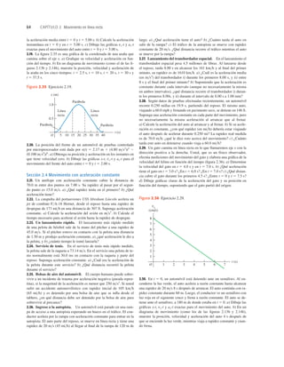 64 CAPÍTULO 2 Movimiento en línea recta
t (s)
O 1 2 3 4 5 6 7
vx
(cm/s)
2
3
4
1
5
6
7
8
Figura 2.36 Ejercicio 2.29.
la aceleración media entre t 5 0 y t 5 5.00 s. b) Calcule la aceleración
instantánea en t 5 0 y en t 5 5.00 s. c) Dibuje las gráﬁcas vx-t y ax-t
exactas para el movimiento del auto entre t 5 0 y t 5 5.00 s.
2.19. La ﬁgura 2.35 es una gráﬁca de la coordenada de una araña que
camina sobre el eje x. a) Graﬁque su velocidad y aceleración en fun-
ción del tiempo. b) En un diagrama de movimiento (como el de las ﬁ-
guras 2.13b y 2.14b), muestre la posición, velocidad y aceleración de
la araña en los cinco tiempos: t 5 2.5 s, t 5 10 s, t 5 20 s, t 5 30 s y
t 5 37.5 s.
largo. a) ¿Qué aceleración tiene el auto? b) ¿Cuánto tarda el auto en
salir de la rampa? c) El tráﬁco de la autopista se mueve con rapidez
constante de 20 ms. ¿Qué distancia recorre el tráﬁco mientras el auto
se mueve por la rampa?
2.27. Lanzamiento del transbordador espacial. En el lanzamiento el
transbordador espacial pesa 4.5 millones de libras. Al lanzarse desde
el reposo, tarda 8.00 s en alcanzar los 161 kmh y al ﬁnal del primer
minuto, su rapidez es de 1610 kmh. a) ¿Cuál es la aceleración media
(en ms2
) del transbordador i) durante los primeros 8.00 s, y ii) entre
8 s y el ﬁnal del primer minuto? b) Suponiendo que la aceleración es
constante durante cada intervalo (aunque no necesariamente la misma
en ambos intervalos), ¿qué distancia recorre el transbordador i) duran-
te los primeros 8.00s, y ii) durante el intervalo de 8.00 s a 1.00 min?
2.28. Según datos de pruebas efectuadas recientemente, un automóvil
recorre 0.250 millas en 19.9 s, partiendo del reposo. El mismo auto,
viajando a 60.0 mph y frenando en pavimento seco, se detiene en 146 ft.
Suponga una aceleración constante en cada parte del movimiento, pero
no necesariamente la misma aceleración al arrancar que al frenar.
a) Calcule la aceleración del auto al arrancar y al frenar. b) Si su acele-
ración es constante, ¿con qué rapidez (en mih) debería estar viajando
el auto después de acelerar durante 0.250 mi? La rapidez real medida
es de 70.0 mh; ¿qué le dice esto acerca del movimiento? c) ¿Cuánto
tarda este auto en detenerse cuando viaja a 60.0 mih?
2.29. Un gato camina en línea recta en lo que llamaremos eje x con la
dirección positiva a la derecha. Usted, que es un físico observador,
efectúa mediciones del movimiento del gato y elabora una gráﬁca de la
velocidad del felino en función del tiempo (ﬁgura 2.36). a) Determine
la velocidad del gato en t 5 4.0 s y en t 5 7.0 s. b) ¿Qué aceleración
tiene el gato en t 5 3.0 s? ¿En t 5 6.0 s? ¿En t 5 7.0 s? c) ¿Qué distan-
cia cubre el gato durante los primeros 4.5 s? ¿Entre t 5 0 y t 5 7.5 s?
d) Dibuje gráﬁcas claras de la aceleración del gato y su posición en
función del tiempo, suponiendo que el gato partió del origen.
x (m)
t (s)
0.5
1.0
5 10 15 20 25 30 35 40
Parábola
Línea
recta
Línea
recta
Parábola
Parábola
O
Figura 2.35 Ejercicio 2.19.
2.20. La posición del frente de un automóvil de pruebas controlado
por microprocesador está dada por x(t) 5 2.17 m 1 (4.80 ms2
)t2
2
(0.100 ms6
)t6
. a) Obtenga su posición y aceleración en los instantes en
que tiene velocidad cero. b) Dibuje las gráﬁcas x-t, vx-t y ax-t para el
movimiento del frente del auto entre t 5 0 y t 5 2.00 s.
Sección 2.4 Movimiento con aceleración constante
2.21. Un antílope con aceleración constante cubre la distancia de
70.0 m entre dos puntos en 7.00 s. Su rapidez al pasar por el segun-
do punto es 15.0 ms. a) ¿Qué rapidez tenía en el primero? b) ¿Qué
aceleración tiene?
2.22. La catapulta del portaaviones USS Abraham Lincoln acelera un
jet de combate FA-18 Hornet, desde el reposo hasta una rapidez de
despegue de 173 mih en una distancia de 307 ft. Suponga aceleración
constante. a) Calcule la aceleración del avión en ms2
. b) Calcule el
tiempo necesario para acelerar el avión hasta la rapidez de despegue.
2.23. Un lanzamiento rápido. El lanzamiento más rápido medido
de una pelota de béisbol sale de la mano del pitcher a una rapidez de
45.0 ms. Si el pitcher estuvo en contacto con la pelota una distancia
de 1.50 m y produjo aceleración constante, a) ¿qué aceleración le dio a
la pelota, y b) ¿cuánto tiempo le tomó lanzarla?
2.24. Servicio de tenis. En el servicio de tenis más rápido medido,
la pelota sale de la raqueta a 73.14 ms. En el servicio una pelota de te-
nis normalmente está 30.0 ms en contacto con la raqueta y parte del
reposo. Suponga aceleración constante. a) ¿Cuál era la aceleración de
la pelota durante este servicio? b) ¿Qué distancia recorrió la pelota
durante el servicio?
2.25. Bolsas de aire del automóvil. El cuerpo humano puede sobre-
vivir a un incidente de trauma por aceleración negativa (parada repen-
tina), si la magnitud de la aceleración es menor que 250 ms2
. Si usted
sufre un accidente automovilístico con rapidez inicial de 105 kmh
(65 mih) y es detenido por una bolsa de aire que se inﬂa desde el
tablero, ¿en qué distancia debe ser detenido por la bolsa de aire para
sobrevivir al percance?
2.26. Ingreso a la autopista. Un automóvil está parado en una ram-
pa de acceso a una autopista esperando un hueco en el tráﬁco. El con-
ductor acelera por la rampa con aceleración constante para entrar en la
autopista. El auto parte del reposo, se mueve en línea recta y tiene una
rapidez de 20 ms (45 mih) al llegar al ﬁnal de la rampa de 120 m de
2.30. En t 5 0, un automóvil está detenido ante un semáforo. Al en-
cenderse la luz verde, el auto acelera a razón constante hasta alcanzar
una rapidez de 20 ms 8 s después de arrancar. El auto continúa con ra-
pidez constante durante 60 m. Luego, el conductor ve un semáforo con
luz roja en el siguiente cruce y frena a razón constante. El auto se de-
tiene ante el semáforo, a 180 m de donde estaba en t 5 0. a) Dibuje las
gráﬁcas x-t, vx-t y ax-t exactas para el movimiento del auto. b) En un
diagrama de movimiento (como los de las ﬁguras 2.13b y 2.14b),
muestre la posición, velocidad y aceleración del auto 4 s después de
que se enciende la luz verde, mientras viaja a rapidez constante y cuan-
do frena.
 