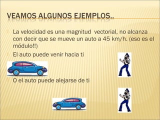    La velocidad es una magnitud vectorial, no alcanza
    con decir que se mueve un auto a 45 km/h. (eso es el
    módulo!!)
   El auto puede venir hacia ti



   O el auto puede alejarse de ti
 