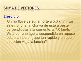 Ejercicio
  Un río fluye de sur a norte a 5.0 km/h. En
  este río, una lancha va de este a oeste,
  perpendicular a la corriente, a 7.0 km/h.
  Vista por una águila suspendida en reposo
  sobre la ribera, ¿que tan rápido y en que
  dirección viaja la lancha?
 
