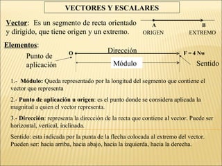 VECTORES Y ESCALARES

Vector: Es un segmento de recta orientado                 A                    B
y dirigido, que tiene origen y un extremo.             ORIGEN              EXTREMO

Elementos:
                         O               Dirección                      F = 4 Nw
      Punto de
      aplicación                           Módulo                             Sentido

 1.- Módulo: Queda representado por la longitud del segmento que contiene el
 vector que representa
 2.- Punto de aplicación u origen: es el punto donde se considera aplicada la
 magnitud a quien el vector representa.
 3.- Dirección: representa la dirección de la recta que contiene al vector. Puede ser
 horizontal, vertical, inclinada.
 Sentido: esta indicada por la punta de la flecha colocada al extremo del vector.
 Pueden ser: hacia arriba, hacia abajo, hacia la izquierda, hacia la derecha.
 