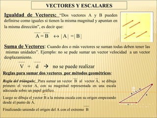 VECTORES Y ESCALARES
Igualdad de Vectores: “Dos vectores A y B pueden
definirse como iguales si tienen la misma magnitud y apuntan en
la misma dirección”, es decir que:

                   A=B ↔ A = B
Suma de Vectores: Cuando dos o más vectores se suman todas deben tener las
 mismas unidades”. Ejemplo: no se pude sumar un vector velocidad a un vector
desplazamiento.

          V + d          no se puede realizar
Reglas para sumar dos vectores por métodos geométricos:
Regla del triángulo: Para sumar un vector B al vector A, se dibuja
primero el vector A, con su magnitud representada en una escala
adecuada sobre un papel gráfico.
Luego se dibuja el vector B a la misma escala con su origen empezando
desde el punto de A.
Finalizando uniendo el origen del A con el extremo B
 
