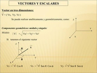 VECTORES Y ESCALARES

Vector en tres dimensiones:
V = ( Vx, Vy, Vz )
             Se puede realizar analíticamente y geométricamente, como:   Z



Componentes geométricos: módulo y ángulo:                                         Y

Módulo         V    =       Vx2 + Vy2 + Vz2
                                                                             X
    Si tenemos el siguiente vector
                Z

                        θ         V



                                       Y
                        φ
         X
    Vz = V Cos θ                  Vx = V Sen θ Cos φ         Vy = V Sen θ Sen φ
 