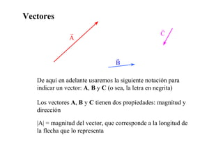 Vectores
A

B

C

De aquí en adelante usaremos la siguiente notación para
indicar un vector: A, B y C (o sea, la letra en negrita)
Los vectores A, B y C tienen dos propiedades: magnitud y
dirección
|A| = magnitud del vector, que corresponde a la longitud de
la flecha que lo representa
 