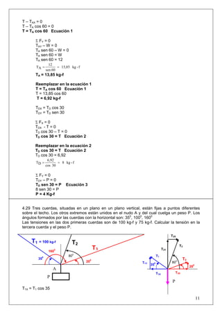 T – TAX = 0
T – TA cos 60 = 0
T = TA cos 60 Ecuación 1
Σ FY = 0
TAY – W = 0
TA sen 60 – W = 0
TA sen 60 = W
TA sen 60 = 12
f-kg13,85
60sen
12
AT ==
TA = 13,85 kg-f
Reemplazar en la ecuación 1
T = TA cos 60 Ecuación 1
T = 13,85 cos 60
T = 6,92 kg-f
TDX = TD cos 30
TDY = TD sen 30
Σ FX = 0
TDX - T = 0
TD cos 30 – T = 0
TD cos 30 = T Ecuación 2
Reemplazar en la ecuación 2
TD cos 30 = T Ecuación 2
TD cos 30 = 6,92
f-kg8
30cos
6,92
DT ==
Σ FY = 0
TDY – P = 0
TD sen 30 = P Ecuación 3
8 sen 30 = P
P = 4 Kg-f
4.29 Tres cuerdas, situadas en un plano en un plano vertical, están fijas a puntos diferentes
sobre el techo. Los otros extremos están unidos en el nudo A y del cual cuelga un peso P. Los
ángulos formados por las cuerdas con la horizontal son: 350
, 1000
, 1600
Las tensiones en las dos primeras cuerdas son de 100 kg-f y 75 kg-f. Calcular la tensión en la
tercera cuerda y el peso P.
T1X = T1 cos 35
11
P
T1 = 100 kg-f T2
T3
T1X
T1Y
T2Y
T2X
80
0
T3
T2
T1
35
0
20
0
20
0
35
0
A
160
0
80
0
P
T3X
 