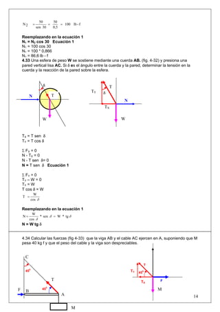 f-lb100
0,5
50
30sen
50
2N ===
Reemplazando en la ecuación 1
N1 = N2 cos 30 Ecuación 1
N1 = 100 cos 30
N1 = 100 * 0,866
N1 = 86,6 lb - f
4.33 Una esfera de peso W se sostiene mediante una cuerda AB. (fig. 4-32) y presiona una
pared vertical lisa AC. Si δ es el ángulo entre la cuerda y la pared, determinar la tensión en la
cuerda y la reacción de la pared sobre la esfera.
TX = T sen δ
TY = T cos δ
Σ FX = 0
N - TX = 0
N - T sen δ= 0
N = T sen δ Ecuación 1
Σ FY = 0
TY – W = 0
TY = W
T cos δ = W
cos
W
T
δ
=
Reemplazando en la ecuación 1
δδ
δ
tg*Wsen*
cos
W
N ==
N = W tg δ
4.34 Calcular las fuerzas (fig 4-33) que la viga AB y el cable AC ejercen en A, suponiendo que M
pesa 40 kg f y que el peso del cable y la viga son despreciables.
14
45
0
F
TY
T
C
45
0
45
0
F B
A
W
N
TY
TX
T
δ
N T
δ
W
M
TX
T
M
 