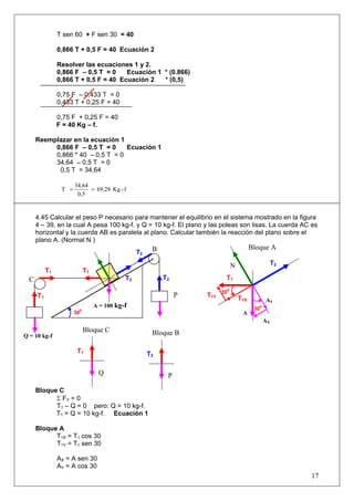 T sen 60 + F sen 30 = 40
0,866 T + 0,5 F = 40 Ecuación 2
Resolver las ecuaciones 1 y 2.
0,866 F – 0,5 T = 0 Ecuación 1 * (0.866)
0,866 T + 0,5 F = 40 Ecuación 2 * (0,5)
0,75 F – 0,433 T = 0
0,433 T + 0,25 F = 40
0,75 F + 0,25 F = 40
F = 40 Kg – f.
Reemplazar en la ecuación 1
0,866 F – 0,5 T = 0 Ecuación 1
0,866 * 40 – 0,5 T = 0
34,64 – 0,5 T = 0
0,5 T = 34,64
f-Kg69,28
0,5
34,64
T ==
4.45 Calcular el peso P necesario para mantener el equilibrio en el sistema mostrado en la figura
4 – 39, en la cual A pesa 100 kg-f. y Q = 10 kg-f. El plano y las poleas son lisas. La cuerda AC es
horizontal y la cuerda AB es paralela al plano. Calcular también la reacción del plano sobre el
plano A. (Normal N )
Bloque C
Σ FY = 0
T1 – Q = 0 pero: Q = 10 kg-f.
T1 = Q = 10 kg-f. Ecuación 1
Bloque A
T1X = T1 cos 30
T1Y = T1 sen 30
AX = A sen 30
AY = A cos 30
17
T1
T1Y
T1X
T1
AY
300
30
0
N T2
B
C
Q = 10 kg-f
T2
T2
T2
A = 100 kg-f
30
0
T1
T1
T1
P
A
AX
Bloque A
Q
Bloque C
T2
P
Bloque B
 
